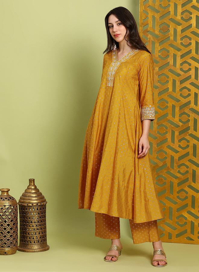 globus Women Mustard Zari Embroidered Kurta and Wide Leg Pants Set - Image 1